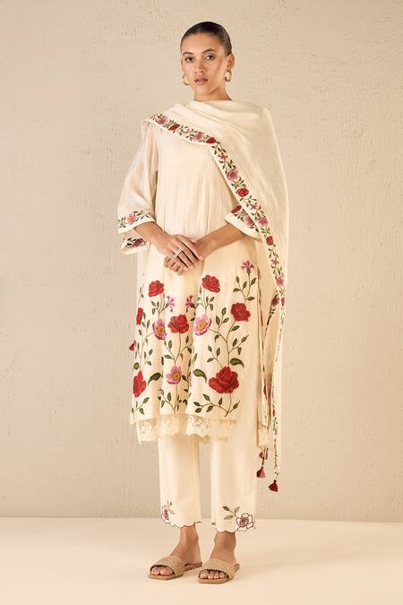 Shop Shivani Bhargava Ivory Chanderi, Cotton Embroidery Round Neck Gardenia Charm Kurta Pant Set Online at Aza Fashions Shop_Shivani Bhargava_Ivory Chanderi, Cotton Embroidery Round Neck Gardenia Charm Kurta Pant Set _Online_at_Aza_Fashions