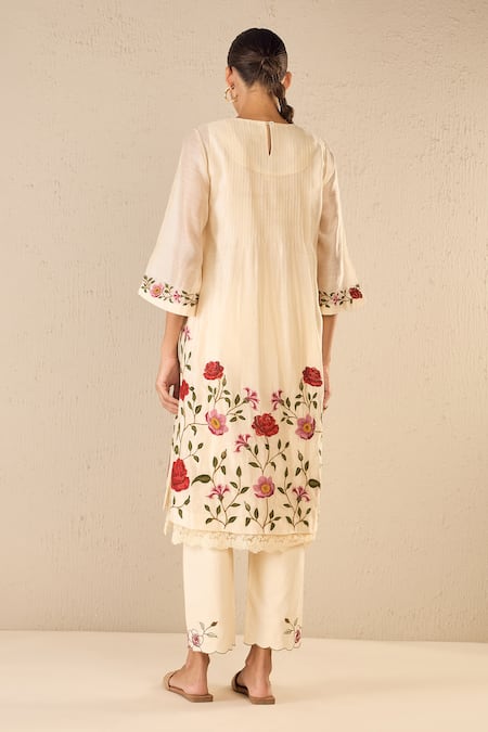 Shop Shivani Bhargava Ivory Chanderi, Cotton Embroidery Round Neck Gardenia Charm Kurta Pant Set at Aza Fashions Shop_Shivani Bhargava_Ivory Chanderi, Cotton Embroidery Round Neck Gardenia Charm Kurta Pant Set _at_Aza_Fashions