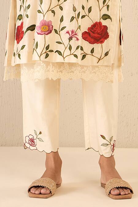 Shivani Bhargava Ivory Chanderi, Cotton Embroidery Round Neck Gardenia Charm Kurta Pant Set at Aza Fashions Shivani Bhargava_Ivory Chanderi, Cotton Embroidery Round Neck Gardenia Charm Kurta Pant Set _at_Aza_Fashions