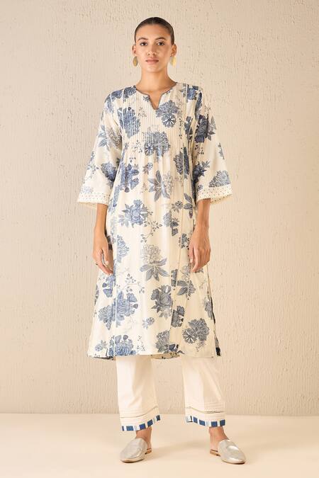 Shivani Bhargava Blue Cotton Printed Floral Notched Pintucked Kurta Online at Aza Fashions Shivani Bhargava_Blue Cotton Printed Floral Notched Pintucked Kurta _Online_at_Aza_Fashions