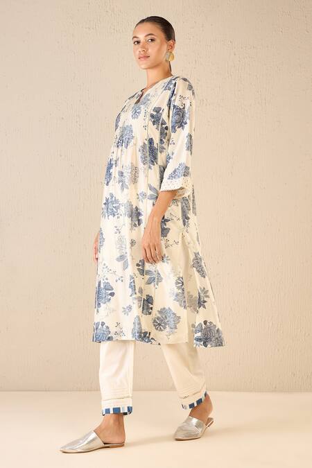 Buy Shivani Bhargava Blue Cotton Printed Floral Notched Pintucked Kurta Online at Aza Fashions Buy_Shivani Bhargava_Blue Cotton Printed Floral Notched Pintucked Kurta _Online_at_Aza_Fashions