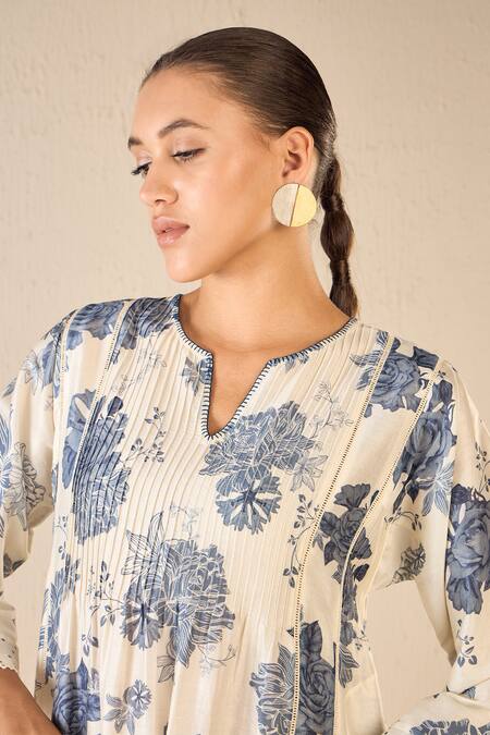 Shop Shivani Bhargava Blue Cotton Printed Floral Notched Pintucked Kurta Online at Aza Fashions Shop_Shivani Bhargava_Blue Cotton Printed Floral Notched Pintucked Kurta _Online_at_Aza_Fashions