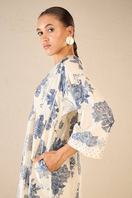 Shivani Bhargava Blue Cotton Printed Floral Notched Pintucked Kurta at Aza Fashions Shivani Bhargava_Blue Cotton Printed Floral Notched Pintucked Kurta _at_Aza_Fashions