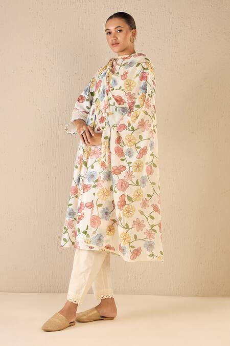Shop Shivani Bhargava Multi Color Chanderi, Cotton Lace, Embroidery Split Floral Print Kurta Pant Set Online at Aza Fashions Shop_Shivani Bhargava_Multi Color Chanderi, Cotton Lace, Embroidery Split Floral Print Kurta Pant Set _Online_at_Aza_Fashions