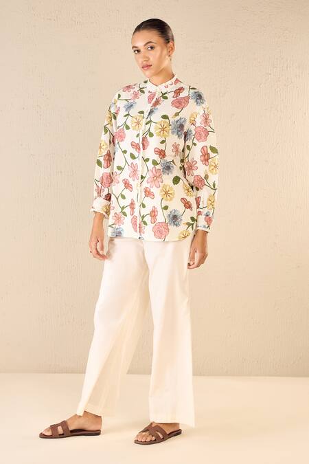 Buy Shivani Bhargava Multi Color Shirt Cotton Linen Printed Floral Band Collar And Pant Set Online at Aza Fashions Buy_Shivani Bhargava_Multi Color Shirt Cotton Linen Printed Floral Band Collar And Pant Set _Online_at_Aza_Fashions