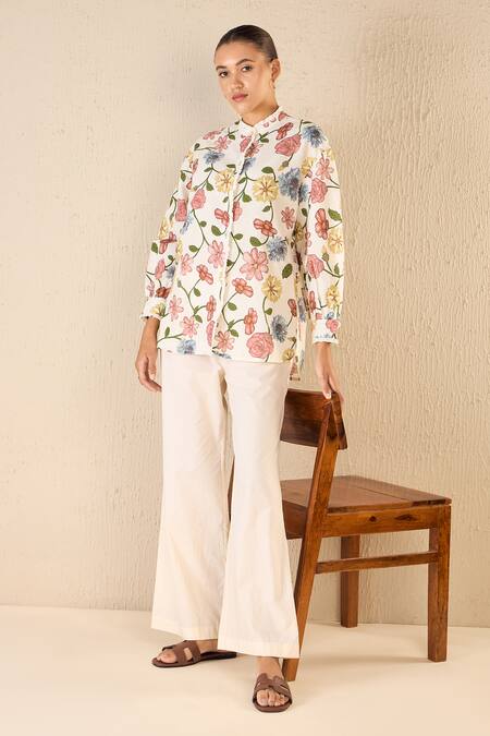 Shop Shivani Bhargava Multi Color Shirt Cotton Linen Printed Floral Band Collar And Pant Set Shop_Shivani Bhargava_Multi Color Shirt Cotton Linen Printed Floral Band Collar And Pant Set