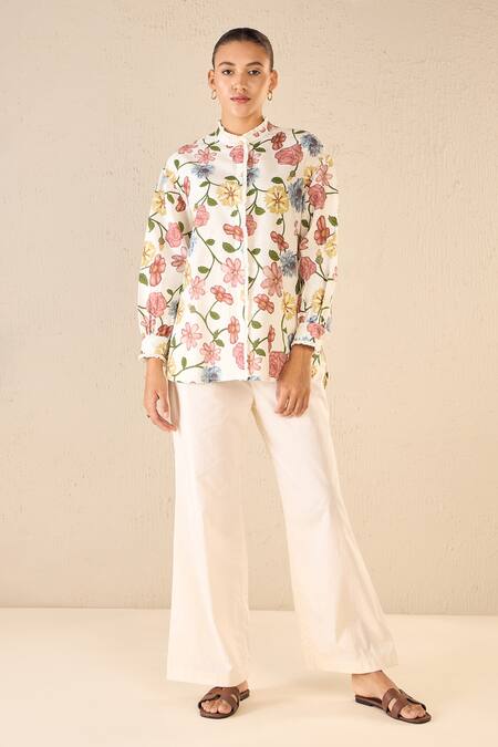 Shivani Bhargava Multi Color Shirt Cotton Linen Printed Floral Band Collar And Pant Set 