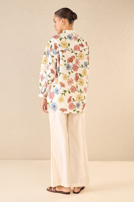 Shop Shivani Bhargava Multi Color Shirt Cotton Linen Printed Floral Band Collar And Pant Set at Aza Fashions Shop_Shivani Bhargava_Multi Color Shirt Cotton Linen Printed Floral Band Collar And Pant Set _at_Aza_Fashions