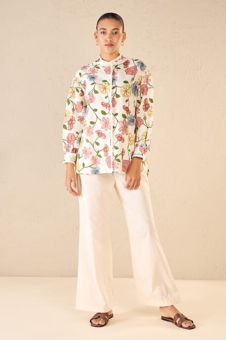 Shivani Bhargava_Multi Color Cotton Linen Printed Floral Band Collar Shirt _Online_at_Aza_Fashions