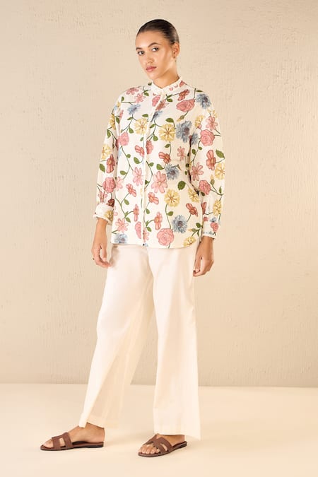 Buy_Shivani Bhargava_Multi Color Cotton Linen Printed Floral Band Collar Shirt _Online_at_Aza_Fashions