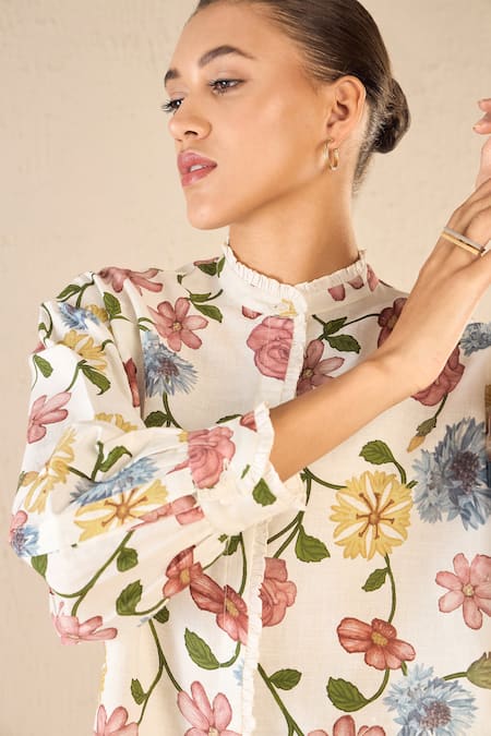 Shop_Shivani Bhargava_Multi Color Cotton Linen Printed Floral Band Collar Shirt _Online_at_Aza_Fashions