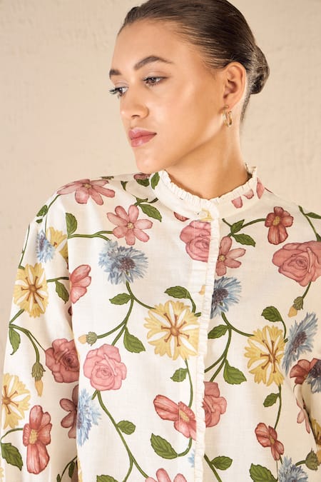 Shivani Bhargava_Multi Color Cotton Linen Printed Floral Band Collar Shirt _at_Aza_Fashions