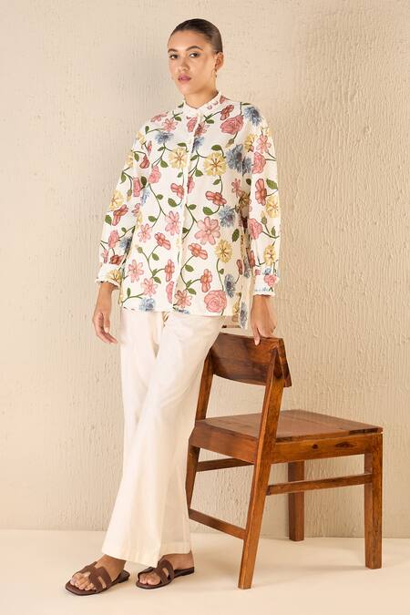 Buy_Shivani Bhargava_Multi Color Cotton Linen Printed Floral Band Collar Shirt 