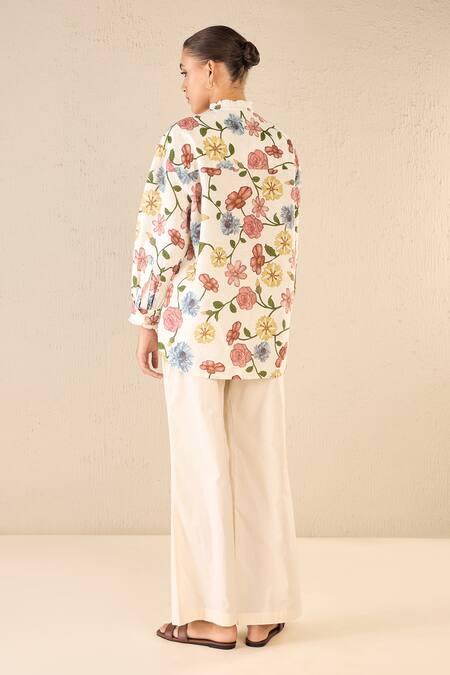 Shop_Shivani Bhargava_Multi Color Cotton Linen Printed Floral Band Collar Shirt _at_Aza_Fashions