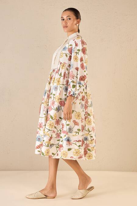 Buy_Shivani Bhargava_Multi Color Chanderi Printed Floral Band Collar Gathered Dress _Online_at_Aza_Fashions