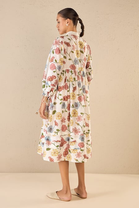 Shivani Bhargava_Multi Color Chanderi Printed Floral Band Collar Gathered Dress _at_Aza_Fashions