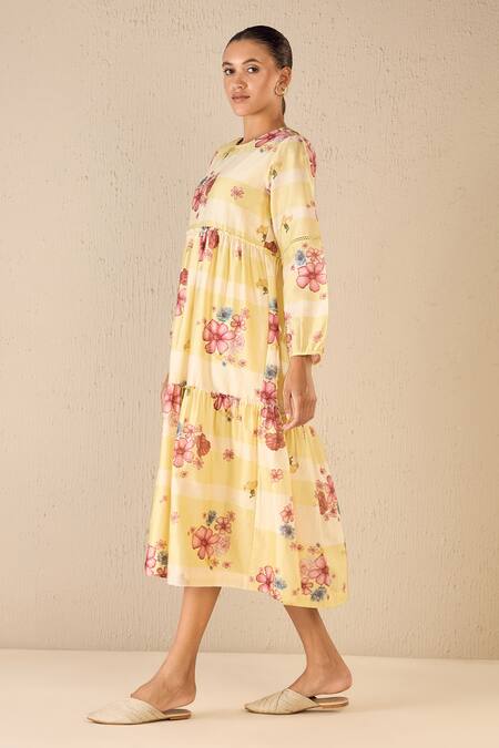 Shivani Bhargava Yellow Cotton Printed Floral Round Tiered Pleated Dress Online at Aza Fashions Shivani Bhargava_Yellow Cotton Printed Floral Round Tiered Pleated Dress _Online_at_Aza_Fashions