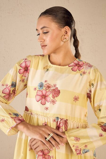 Buy Shivani Bhargava Yellow Cotton Printed Floral Round Tiered Pleated Dress Online at Aza Fashions Buy_Shivani Bhargava_Yellow Cotton Printed Floral Round Tiered Pleated Dress _Online_at_Aza_Fashions