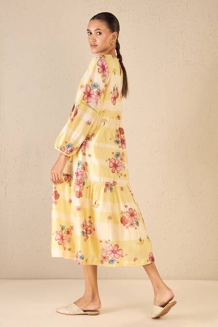 Shop Shivani Bhargava Yellow Cotton Printed Floral Round Tiered Pleated Dress Online at Aza Fashions Shop_Shivani Bhargava_Yellow Cotton Printed Floral Round Tiered Pleated Dress _Online_at_Aza_Fashions