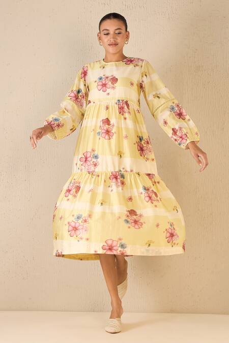 Shivani Bhargava Yellow Cotton Printed Floral Round Tiered Pleated Dress at Aza Fashions Shivani Bhargava_Yellow Cotton Printed Floral Round Tiered Pleated Dress _at_Aza_Fashions