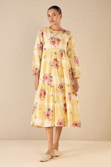 Shivani Bhargava Yellow Cotton Printed Floral Round Tiered Pleated Dress 