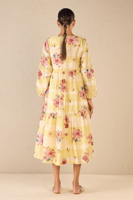 Shop Shivani Bhargava Yellow Cotton Printed Floral Round Tiered Pleated Dress at Aza Fashions Shop_Shivani Bhargava_Yellow Cotton Printed Floral Round Tiered Pleated Dress _at_Aza_Fashions