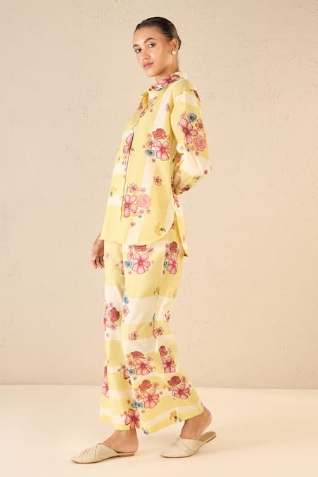 Shivani Bhargava Yellow Cotton Printed Floral Stripe Collared Shirt And Pant Set Online at Aza Fashions Shivani Bhargava_Yellow Cotton Printed Floral Stripe Collared Shirt And Pant Set _Online_at_Aza_Fashions