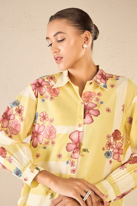 Buy Shivani Bhargava Yellow Cotton Printed Floral Stripe Collared Shirt And Pant Set Online at Aza Fashions Buy_Shivani Bhargava_Yellow Cotton Printed Floral Stripe Collared Shirt And Pant Set _Online_at_Aza_Fashions