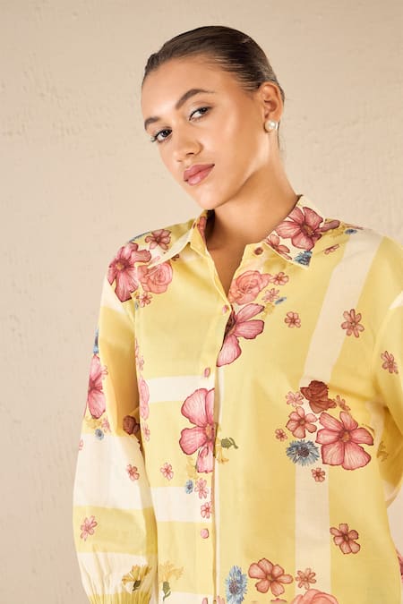 Shop Shivani Bhargava Yellow Cotton Printed Floral Stripe Collared Shirt And Pant Set Online at Aza Fashions Shop_Shivani Bhargava_Yellow Cotton Printed Floral Stripe Collared Shirt And Pant Set _Online_at_Aza_Fashions