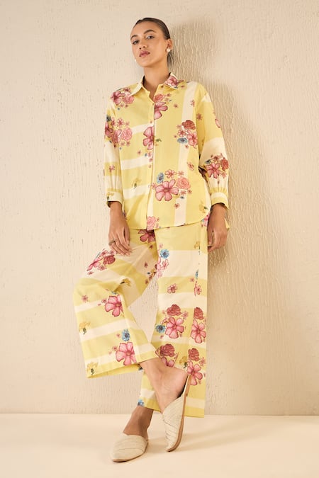 Shivani Bhargava Yellow Cotton Printed Floral Stripe Collared Shirt And Pant Set at Aza Fashions Shivani Bhargava_Yellow Cotton Printed Floral Stripe Collared Shirt And Pant Set _at_Aza_Fashions