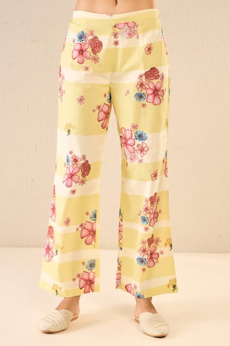 Buy Shivani Bhargava Yellow Cotton Printed Floral Stripe Collared Shirt And Pant Set Buy_Shivani Bhargava_Yellow Cotton Printed Floral Stripe Collared Shirt And Pant Set