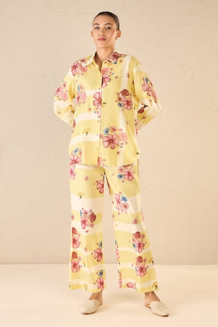 Shivani Bhargava Yellow Cotton Printed Floral Stripe Collared Shirt And Pant Set 