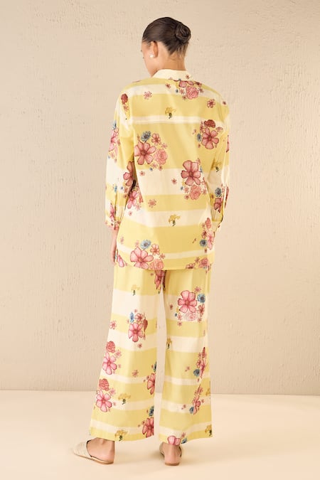 Shop Shivani Bhargava Yellow Cotton Printed Floral Stripe Collared Shirt And Pant Set at Aza Fashions Shop_Shivani Bhargava_Yellow Cotton Printed Floral Stripe Collared Shirt And Pant Set _at_Aza_Fashions