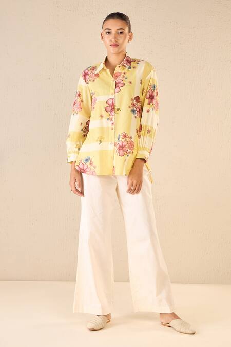 Shivani Bhargava Yellow Cotton Printed Floral Stripe Collared Shirt And Pant Set Online at Aza Fashions Shivani Bhargava_Yellow Cotton Printed Floral Stripe Collared Shirt And Pant Set _Online_at_Aza_Fashions