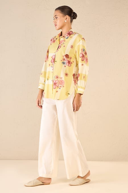 Buy Shivani Bhargava Yellow Cotton Printed Floral Stripe Collared Shirt And Pant Set Online at Aza Fashions Buy_Shivani Bhargava_Yellow Cotton Printed Floral Stripe Collared Shirt And Pant Set _Online_at_Aza_Fashions