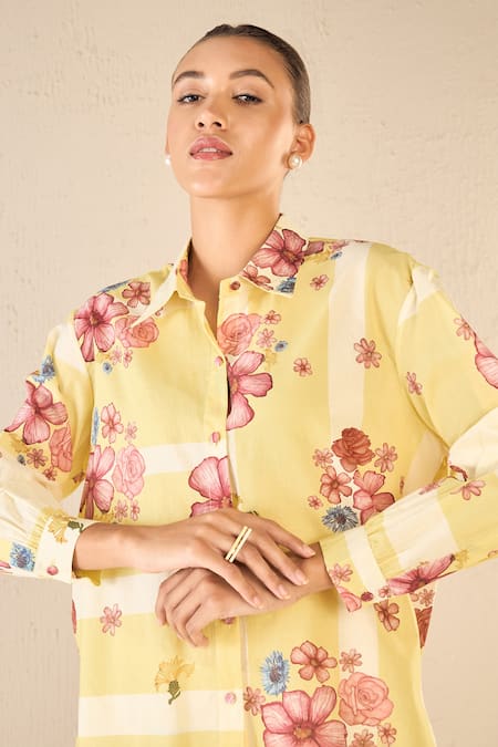 Shop Shivani Bhargava Yellow Cotton Printed Floral Stripe Collared Shirt And Pant Set Online at Aza Fashions Shop_Shivani Bhargava_Yellow Cotton Printed Floral Stripe Collared Shirt And Pant Set _Online_at_Aza_Fashions