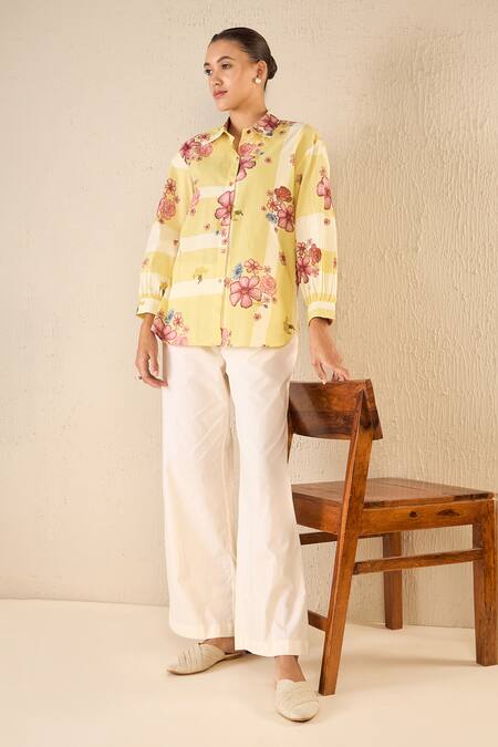 Buy Shivani Bhargava Yellow Cotton Printed Floral Stripe Collared Shirt And Pant Set Buy_Shivani Bhargava_Yellow Cotton Printed Floral Stripe Collared Shirt And Pant Set