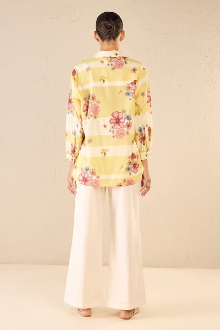 Shop Shivani Bhargava Yellow Cotton Printed Floral Stripe Collared Shirt And Pant Set at Aza Fashions Shop_Shivani Bhargava_Yellow Cotton Printed Floral Stripe Collared Shirt And Pant Set _at_Aza_Fashions