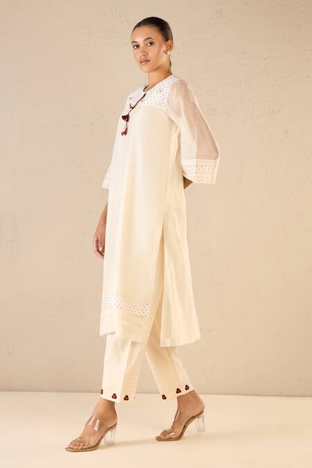 Buy Shivani Bhargava Ivory Chanderi, Cotton Applique, Embroidery Polka Dot Pattern Kurta Pant Set Online at Aza Fashions Buy_Shivani Bhargava_Ivory Chanderi, Cotton Applique, Embroidery Polka Dot Pattern Kurta Pant Set _Online_at_Aza_Fashions