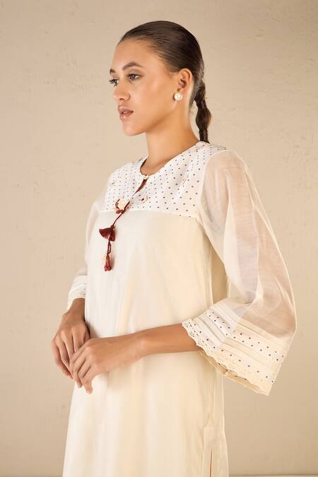 Shop Shivani Bhargava Ivory Chanderi, Cotton Applique, Embroidery Polka Dot Pattern Kurta Pant Set Online at Aza Fashions Shop_Shivani Bhargava_Ivory Chanderi, Cotton Applique, Embroidery Polka Dot Pattern Kurta Pant Set _Online_at_Aza_Fashions