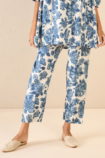Buy Shivani Bhargava Blue Cotton Printed Floral Round Blossom Gathered Tunic And Pant Set Online at Aza Fashions Buy_Shivani Bhargava_Blue Cotton Printed Floral Round Blossom Gathered Tunic And Pant Set _Online_at_Aza_Fashions