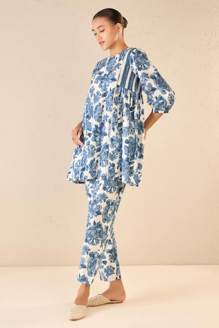 Shop Shivani Bhargava Blue Cotton Printed Floral Round Blossom Gathered Tunic And Pant Set Online at Aza Fashions Shop_Shivani Bhargava_Blue Cotton Printed Floral Round Blossom Gathered Tunic And Pant Set _Online_at_Aza_Fashions
