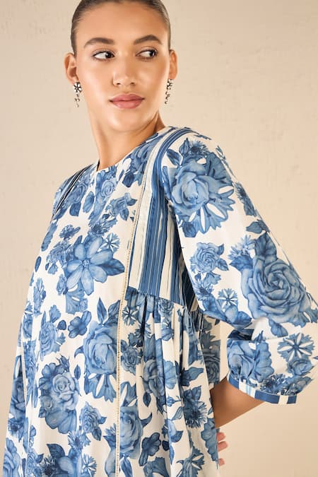 Shivani Bhargava Blue Cotton Printed Floral Round Blossom Gathered Tunic And Pant Set at Aza Fashions Shivani Bhargava_Blue Cotton Printed Floral Round Blossom Gathered Tunic And Pant Set _at_Aza_Fashions