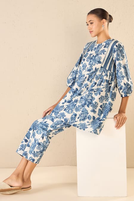 Buy Shivani Bhargava Blue Cotton Printed Floral Round Blossom Gathered Tunic And Pant Set Buy_Shivani Bhargava_Blue Cotton Printed Floral Round Blossom Gathered Tunic And Pant Set