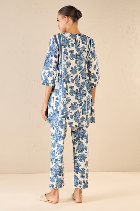 Shop Shivani Bhargava Blue Cotton Printed Floral Round Blossom Gathered Tunic And Pant Set at Aza Fashions Shop_Shivani Bhargava_Blue Cotton Printed Floral Round Blossom Gathered Tunic And Pant Set _at_Aza_Fashions