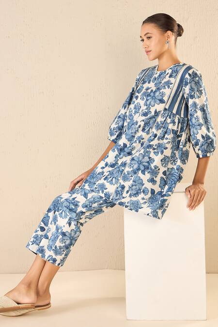 Shivani Bhargava Blue Cotton Printed Floral Round Tunic at Aza Fashions Shivani Bhargava_Blue Cotton Printed Floral Round Tunic _at_Aza_Fashions