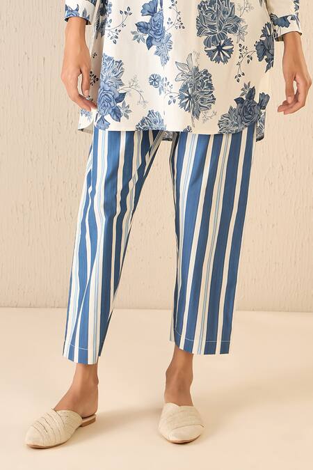 Shivani Bhargava Blue Cotton Printed Floral Chinese Collar Fantasy Tunic And Pant Set Online at Aza Fashions Shivani Bhargava_Blue Cotton Printed Floral Chinese Collar Fantasy Tunic And Pant Set _Online_at_Aza_Fashions