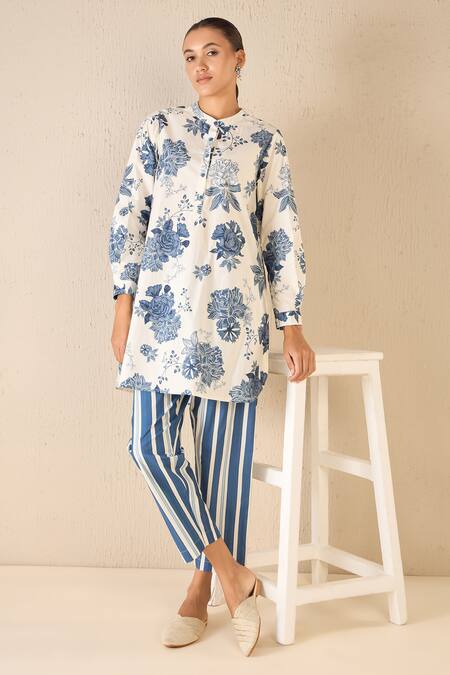 Buy Shivani Bhargava Blue Cotton Printed Floral Chinese Collar Fantasy Tunic And Pant Set Buy_Shivani Bhargava_Blue Cotton Printed Floral Chinese Collar Fantasy Tunic And Pant Set