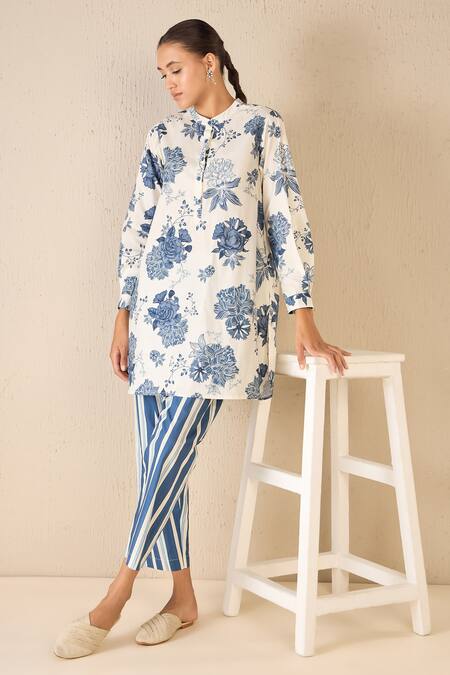 Shop Shivani Bhargava Blue Cotton Printed Floral Chinese Collar Fantasy Tunic And Pant Set Shop_Shivani Bhargava_Blue Cotton Printed Floral Chinese Collar Fantasy Tunic And Pant Set