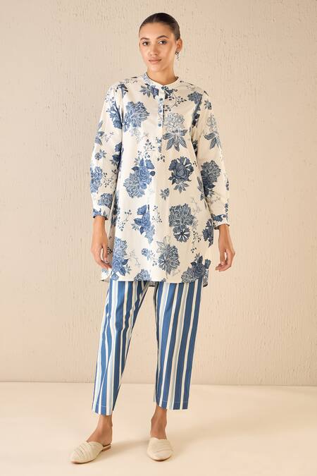 Shivani Bhargava Blue Cotton Printed Floral Chinese Collar Fantasy Tunic Online at Aza Fashions Shivani Bhargava_Blue Cotton Printed Floral Chinese Collar Fantasy Tunic _Online_at_Aza_Fashions